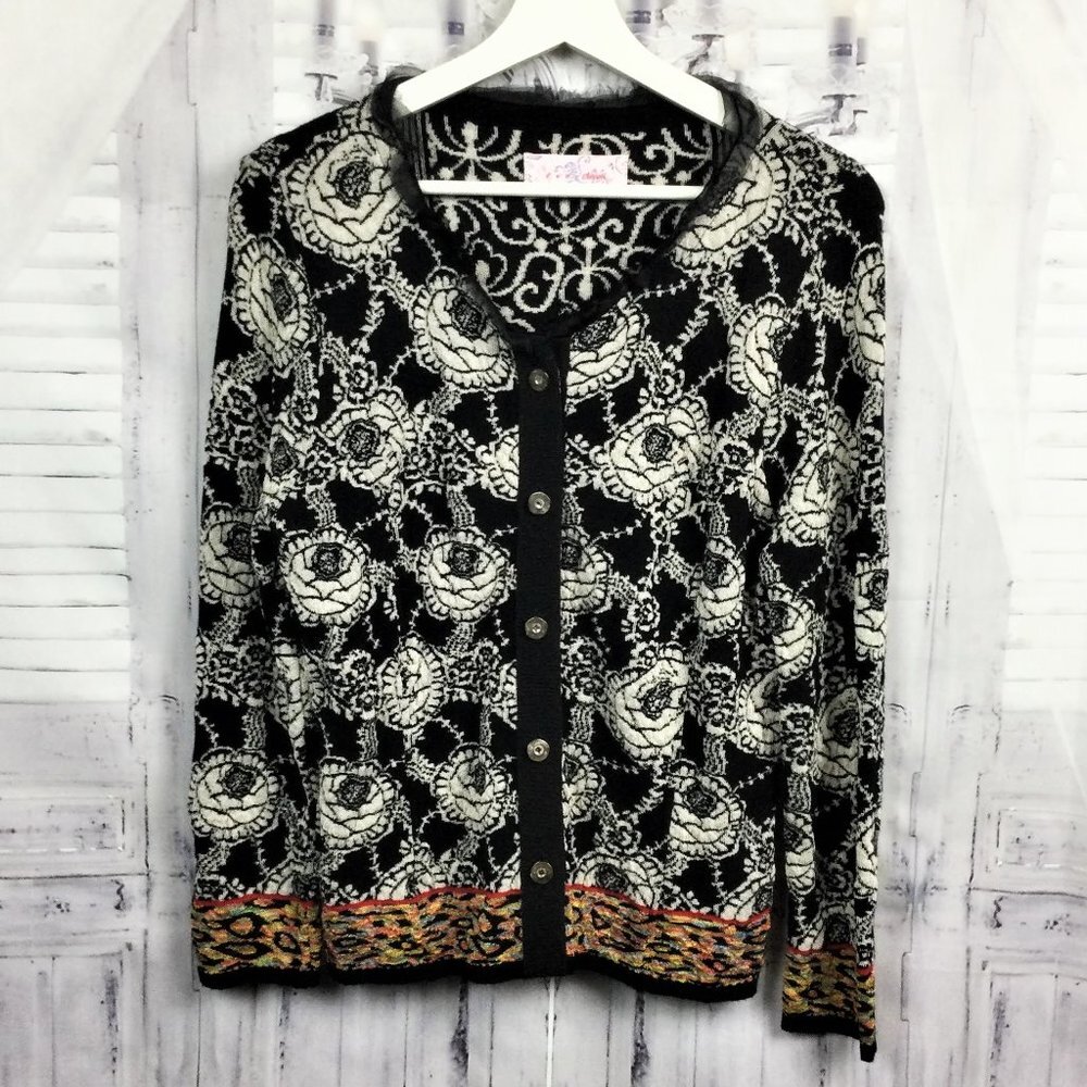 Eva & Claudi Black White Floral Cardigan Sweater M